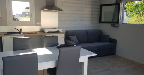 pièce de vie avec canapé 2 places gris, cuisine équipée grise et blanche et table et chaise assorties dans les mêmes tons