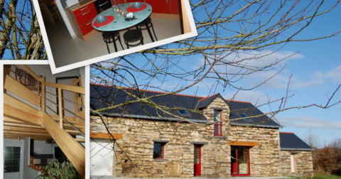 montage photo avec longère en pierre et huisseries rouges, grand escalier en bois et cuisine équipée moderne rouge