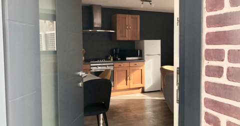 Porte d'entrée grise ouverte sur le salon et salle à manger avec cuisine moderne en bois et inox