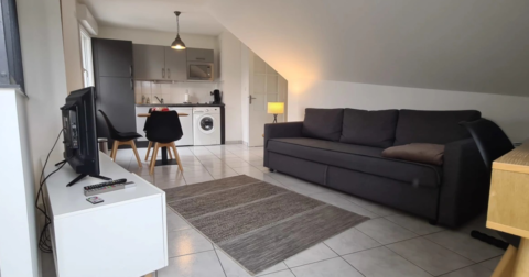 appartement mansardé aux murs blancs, grand canapé 3 places gris, meuble tv et cuisine moderne équipée en fond