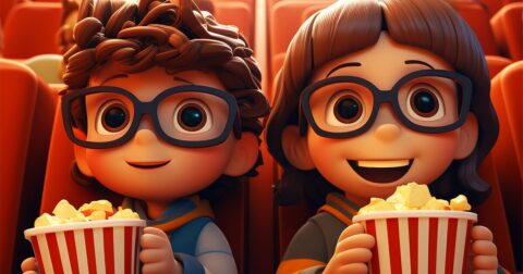 deux enfants en dessin cartoon regardant un film en mangeant du pop-corn