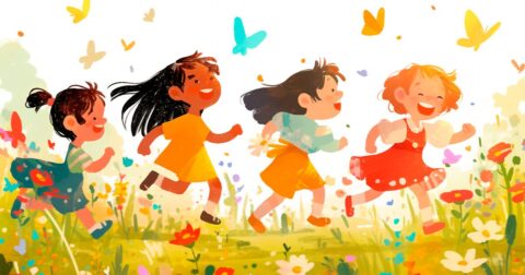 Illustration d'enfants courants un champ fleuri au milieu des papillons