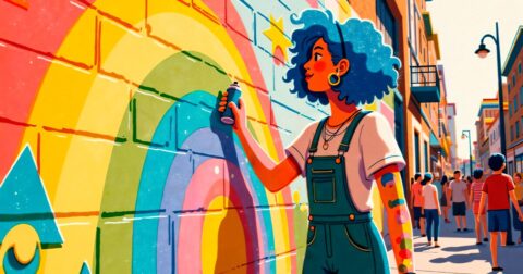 Illustration représentant une jeune fille taguant un arc en ciel sur un mur en brique
