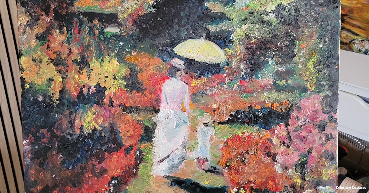 Peinture de style impressionniste avec une femme en robe blanche et ombrelle dans un jardin fleuri