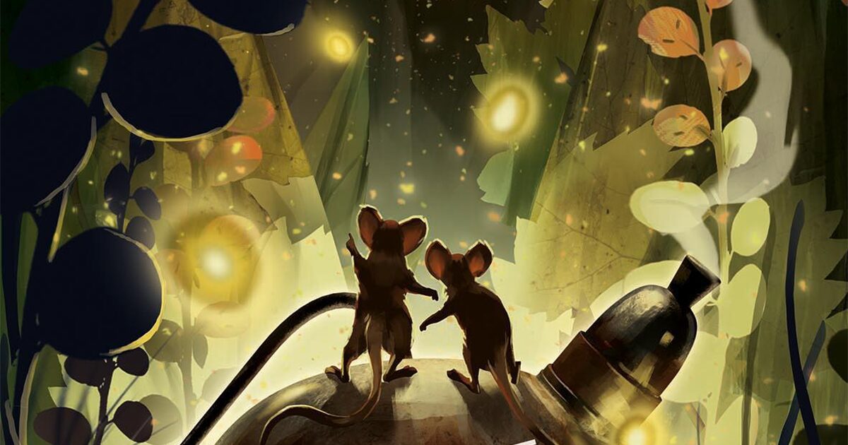 Deux souris de dos dans la nuit regardant une lueur au loin