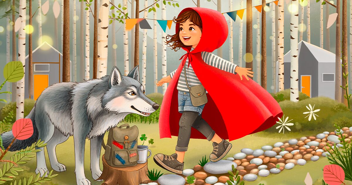 Illustration du Petit Chaperon Rouge qui rencontre le loup dans les bois