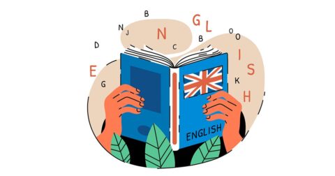 Illustration d'une femme lisant un livre anglais avec lettres qui flottent autour d'elle