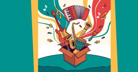 Illustration d'instruments de musique sortant d'un carton
