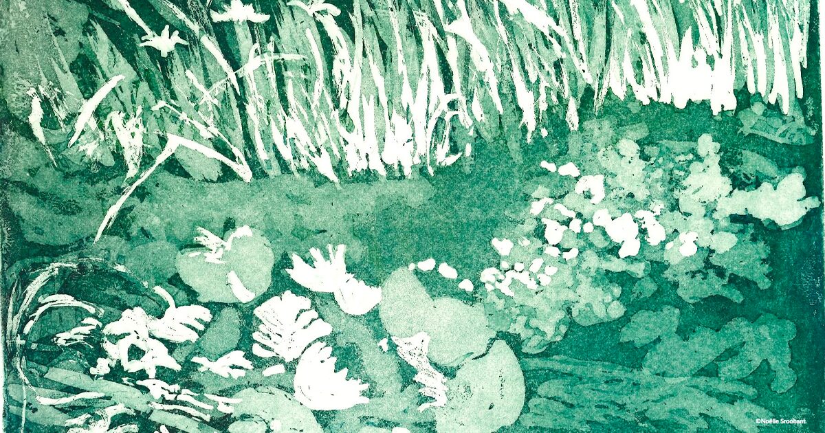 peinture représentant des nénuphars et roseaux blancs sur fond vert