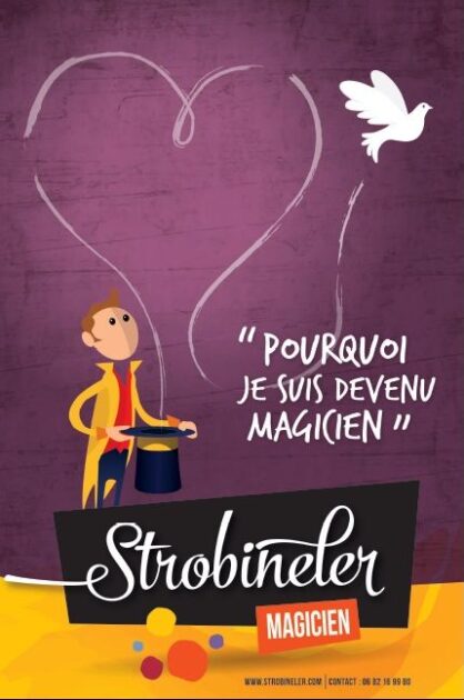 dessin d'un magicien en manteau jaune laissant s'échapper de son chapeau une colombe traçant un cœur en volant