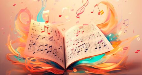 illustration d'un livre dont sortent des notes de musique
