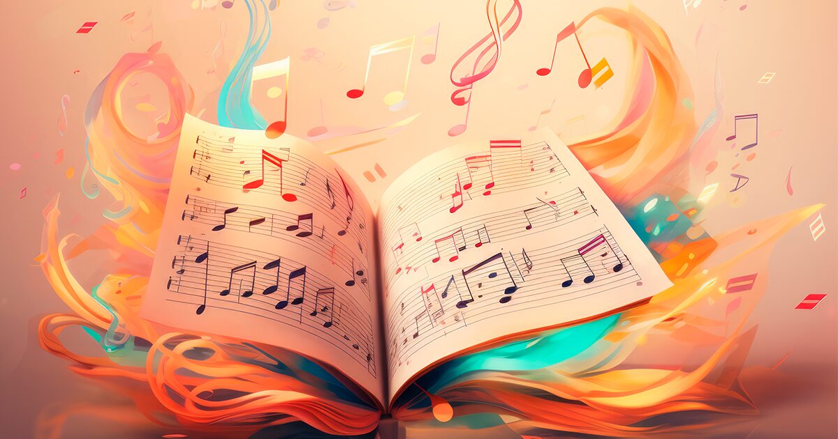 illustration d'un livre dont sortent des notes de musique