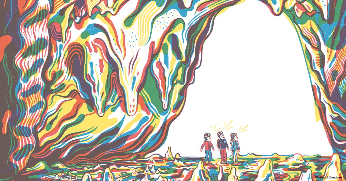 illustration de 3 personnages dans une grotte aux parois faites de traits colorés