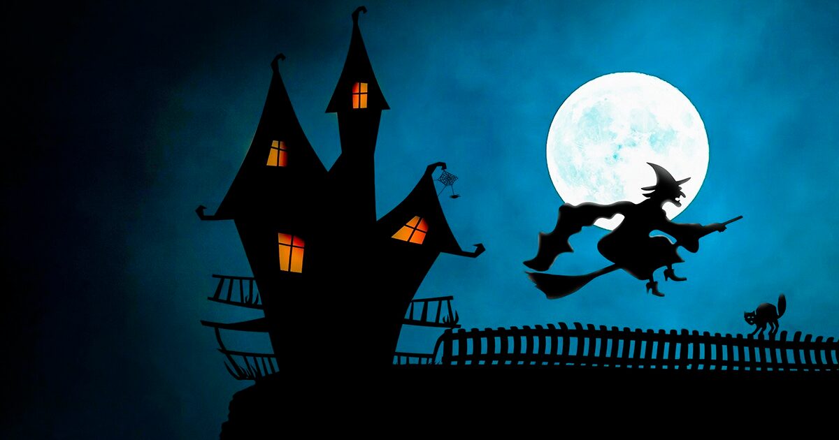 illustration d'une sorcière volant dans le ciel la nuit au dessus d'une vieille maison
