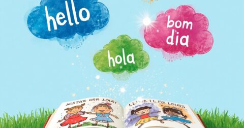 livre d'où sortent des nuages de mots de bonjour en langues étrangères