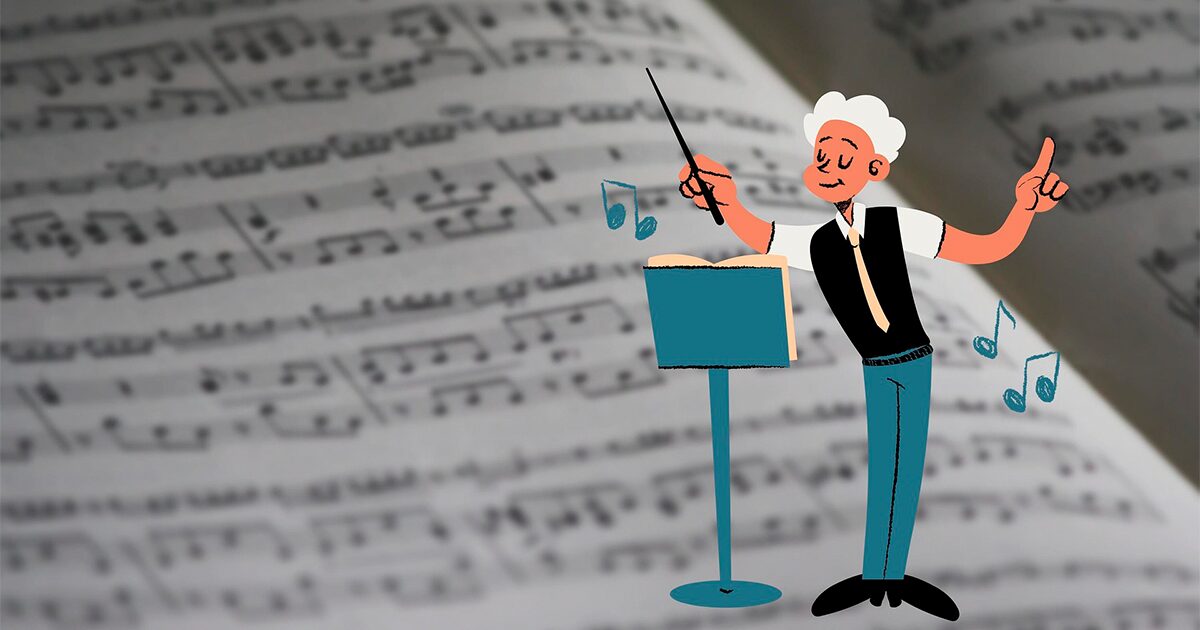 Illustration d'un chef d'orchestre devant une partition de musique