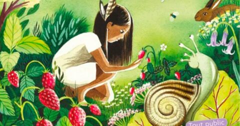 illustration jeunesse d'une jeune fille dans un jardin cueillant des fleurs