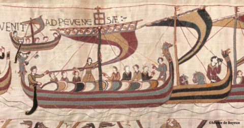 Tapisserie ancienne représentant l'arrivée de Guillaume le Conquérant en Angleterre