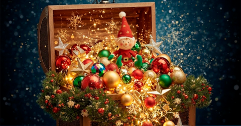coffre en bois débordant de boules de Noël sur lesquelles est assis un lutin