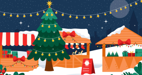 illustration d'un marché de Noël avec un grand sapin au milieu