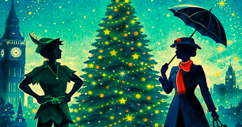 silhouette de Mary Poppins et de Peter Pan regardant un sapin de Noël