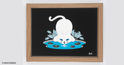 illustration d'un chat buvant dans une flaque d'eau